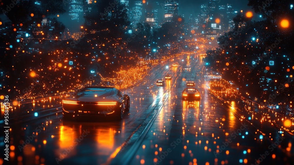 Nighttime Cityscape with Car Nighttime Cityscape with Car