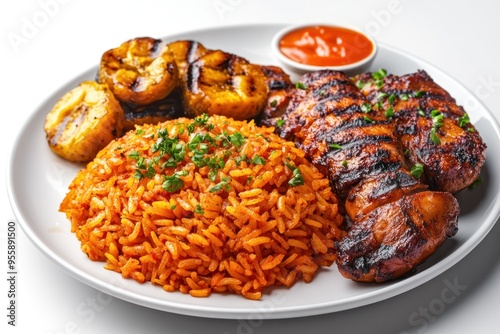 Grilled Chicken with Red Rice, Plantain, and Sauce