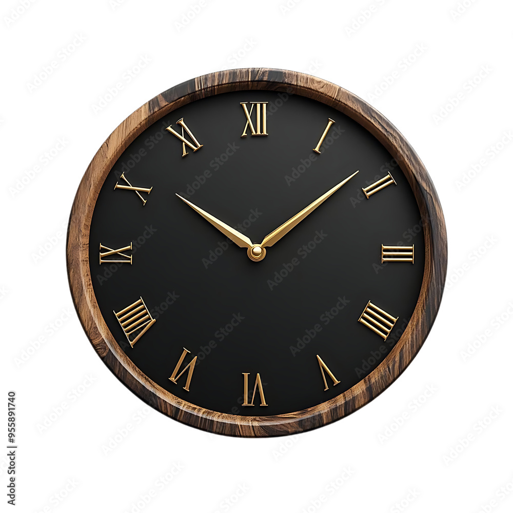 Elegant Black Clock with Golden Roman Numerals and Hands, Set Against a Transparent Background Elegant Black Clock with Golden Roman Numerals and Hands, Set Against a Transparent Background