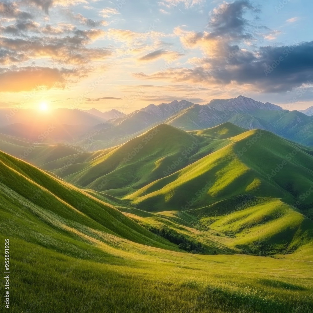 Fototapeta premium Panoramic view of the green mountains and hills at sunset. Gumbashi Pass in North Caucasus, Russia. Beautiful summer landscape