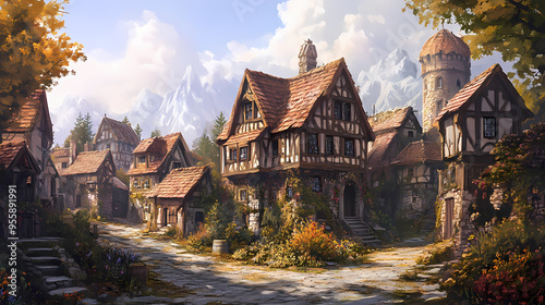 An illustration of the small medieval fantasy village. medieval fantasy. Fantasy. Illustration