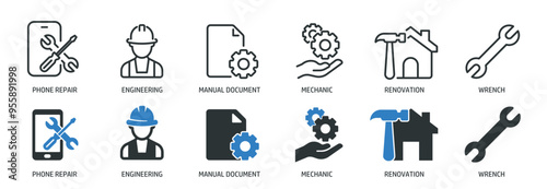 Repair, setting line and glyph solid icons collection. Minimal icon and symbol series vector illustration