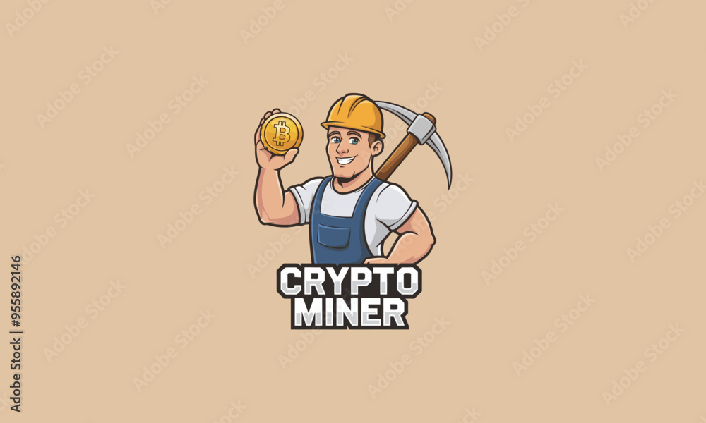 A cartoon miner holding a Bitcoin coin with a pickaxe. A cartoon miner holding a Bitcoin coin with a pickaxe.