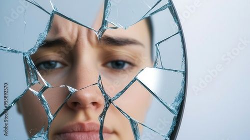 A shattered mirror reflecting a person s face, conveying selfdoubt and low selfesteem associated with depression