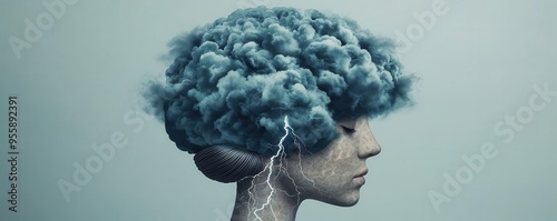 An abstract depiction of a brain with storm clouds, rain, and lightning, representing the turmoil of depressive thoughts