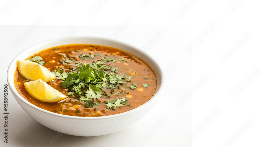 A savory harira soup, topped with fresh cilantro and lemon slices, set against a white background. Ai Image A savory harira soup, topped with fresh cilantro and lemon slices, set against a white background. Ai Image