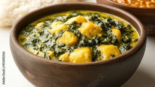 Close-up of Yellow Curry with Spinach in a Clay Bowl