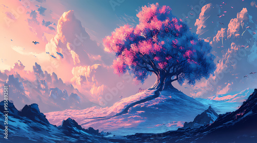 Fantastic landscape with a fantasy tree of desires in pink-blue colors. Fantasy. Illustration photo