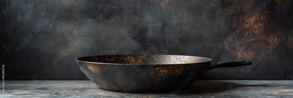 A single, rustic wok sits on a dark, textured countertop against a moody, low-key background. The wok's surface has a worn patina, emphasizing its age and history. The dramatic lighting casts strong A single, rustic wok sits on a dark, textured countertop against a moody, low-key background. The wok's surface has a worn patina, emphasizing its age and history. The dramatic lighting casts strong
