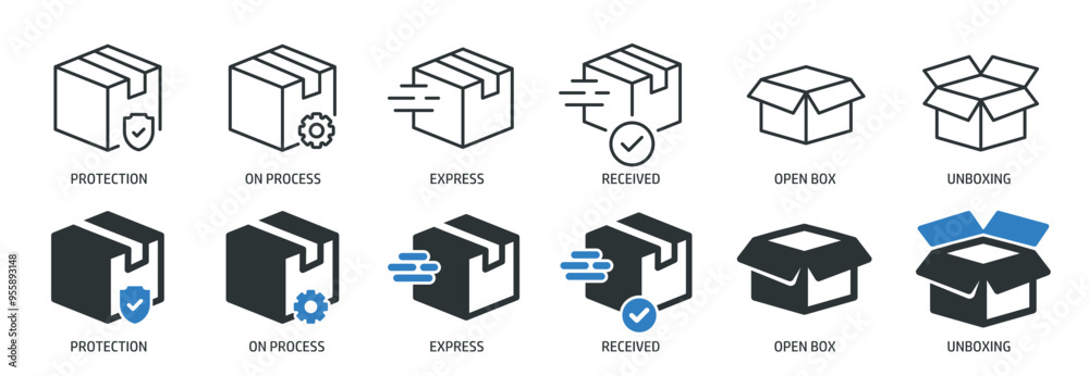 Package, box line and glyph solid icons collection. Minimal icon and symbol series vector illustration Package, box line and glyph solid icons collection. Minimal icon and symbol series vector illustration