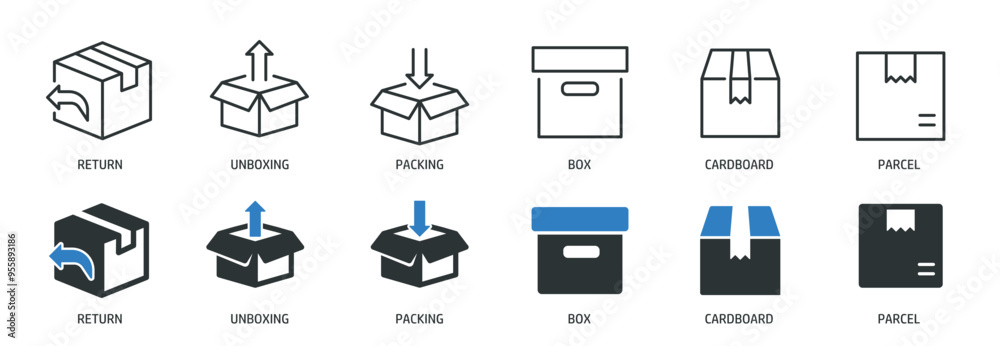 Package, box line and glyph solid icons collection. Minimal icon and symbol series vector illustration Package, box line and glyph solid icons collection. Minimal icon and symbol series vector illustration