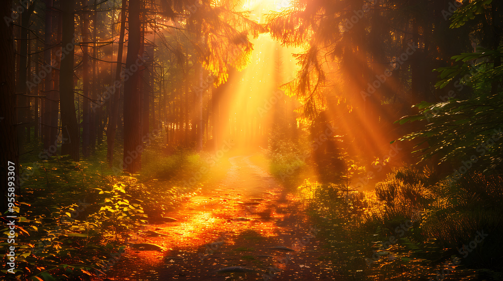Radiant golden hour sunbeams illuminating a quiet forest path Radiant golden hour sunbeams illuminating a quiet forest path