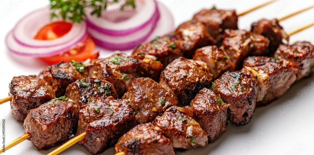 Grilled Beef Skewers with Red Onion and Parsley Garnish Grilled Beef Skewers with Red Onion and Parsley Garnish
