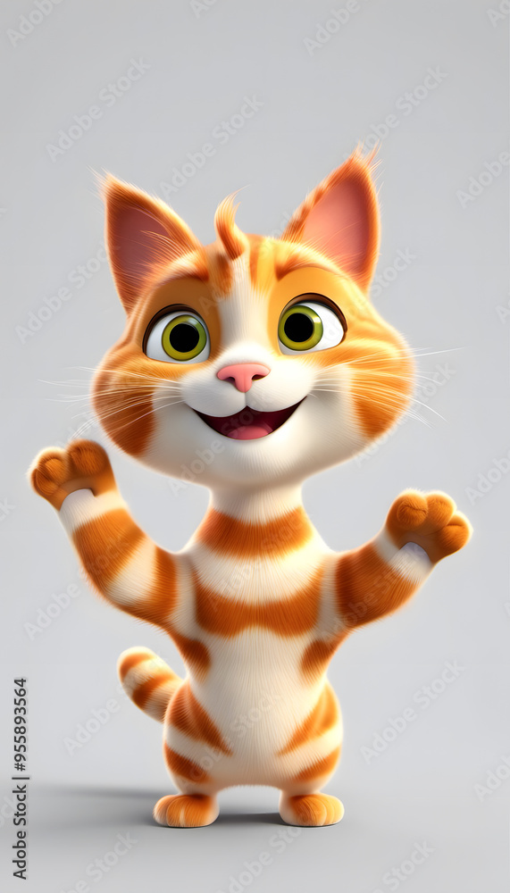A cute animated orange and white striped cat character with big eyes, smiling and waving. The character has a playful expression. A cute animated orange and white striped cat character with big eyes, smiling and waving. The character has a playful expression.