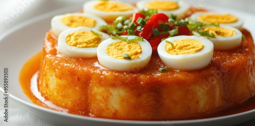 Boiled Egg and Orange-Flavored Pudding with Chili Peppers and Green Onions