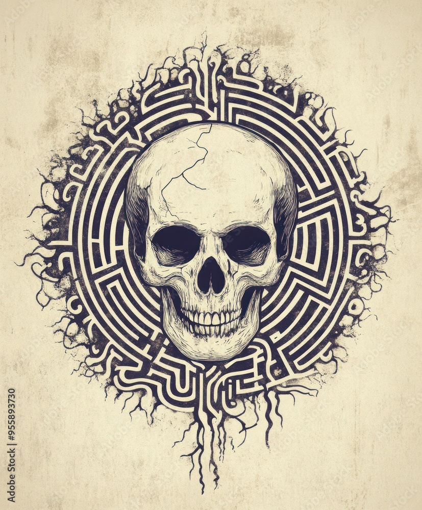 Fototapeta premium A detailed illustration of a skull surrounded by a maze-like pattern.