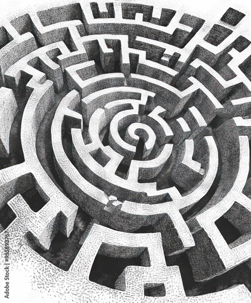 A complex maze design with intricate pathways leading to a central point. A complex maze design with intricate pathways leading to a central point.