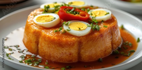 Polenta Cake with Eggs and Red Pepper photo