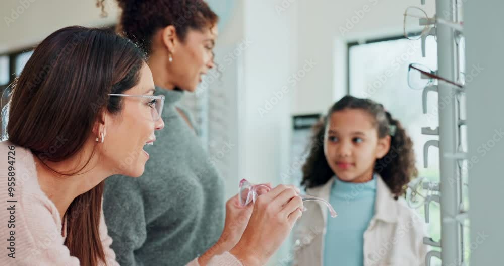Women, optometry and child for eye care, optometrist and medical professional for consultation. Female people, glasses and specialist with young girl at ophthalmology center for size, frame and lens Women, optometry and child for eye care, optometrist and medical professional for consultation. Female people, glasses and specialist with young girl at ophthalmology center for size, frame and lens