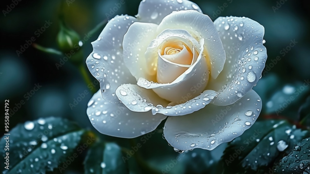 A single white covered with tiny water droplets on a dark background close up view 