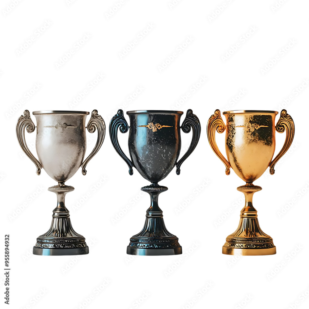 Three Trophy Cups with a Transparent Background: Silver, Black, and Gold Trophies for Champions Three Trophy Cups with a Transparent Background: Silver, Black, and Gold Trophies for Champions