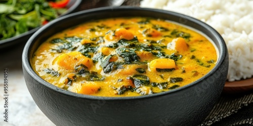 Close-up of a Bowl of Creamy Yellow Curry with Green Herbs and White Rice in the Background