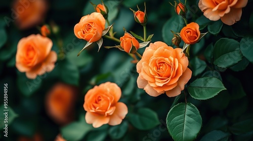 Fototapeta Naklejka Na Ścianę i Meble -  Close up view of orange rose flowers in a garden of roses