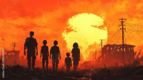 A family stands together in a war-torn urban landscape, silhouetted against destruction