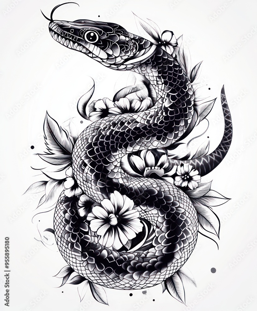 Obraz premium A detailed black and white illustration of a snake intertwined with flowers and leaves.