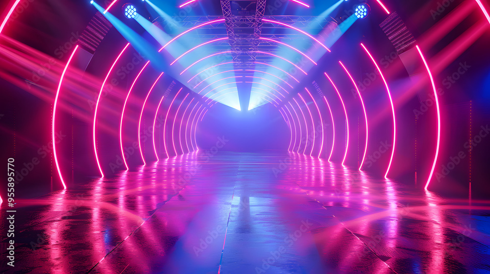 Bright laser beams forming concentric circles, vivid neon colors Bright laser beams forming concentric circles, vivid neon colors
