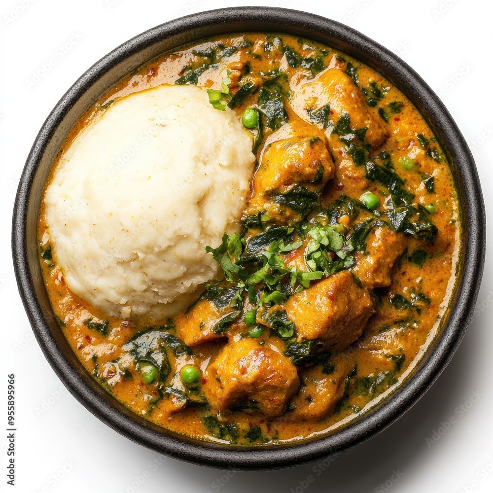 Chicken and Spinach Curry with Mashed Potatoes in a Bowl Chicken and Spinach Curry with Mashed Potatoes in a Bowl