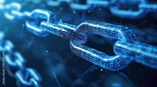 Futuristic Digital Chain with Modern Blue Light Connection Network for Cybersecurity Power Infrastructure Concept.