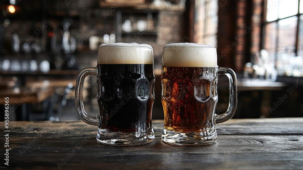 Two beer mugs with froth in rustic cafe. Frothy beer background Two beer mugs with froth in rustic cafe. Frothy beer background