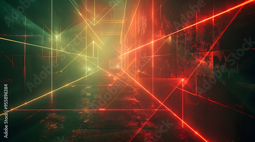 Complex lattice of laser beams, intersecting over a dark stage, deep red and green colors