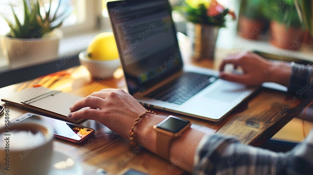 Woman Hand Using Laptop Tablet with Coffee Cup and Notebook on Cafe Table. Woman Hand Using Laptop Tablet with Coffee Cup and Notebook on Cafe Table.