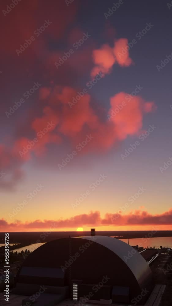 Aerial flight at sunset of the Chernobyl Nuclear Power Plant sarcophagus. Ukraine Aerial flight at sunset of the Chernobyl Nuclear Power Plant sarcophagus. Ukraine