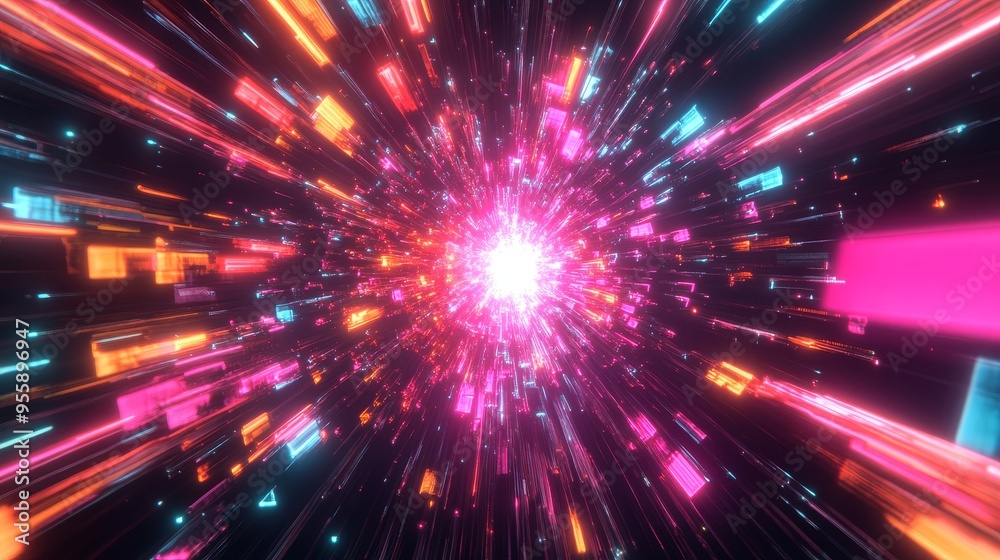 A vibrant abstract background featuring a burst of neon light, showcasing a dynamic energy flow, symbolizing speed, technology, future, innovation, and digital world.