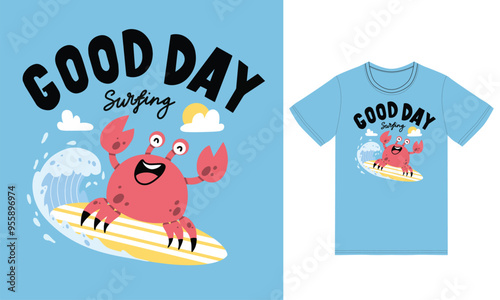 Cute crab surfing illustration with tshirt design premium vector