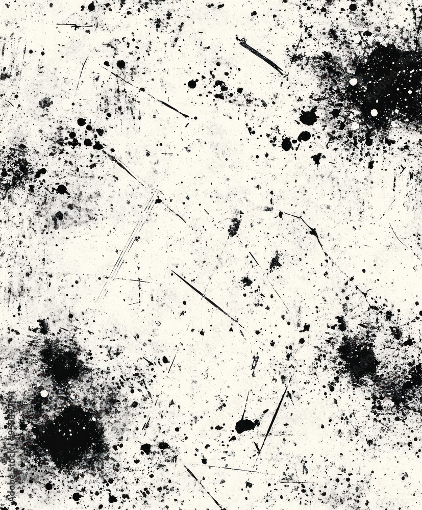 Naklejka premium Abstract black and white splatter pattern with various textures and shapes.
