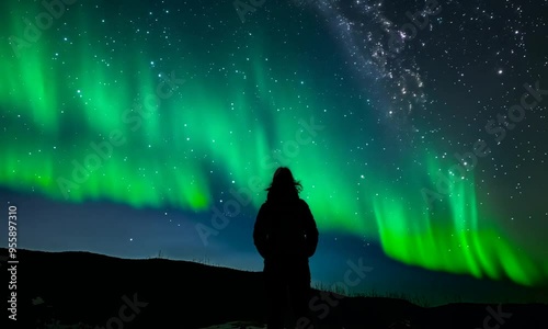 A lone figure standing under an aurora, their silhouette bathed in the soft glow of the lights