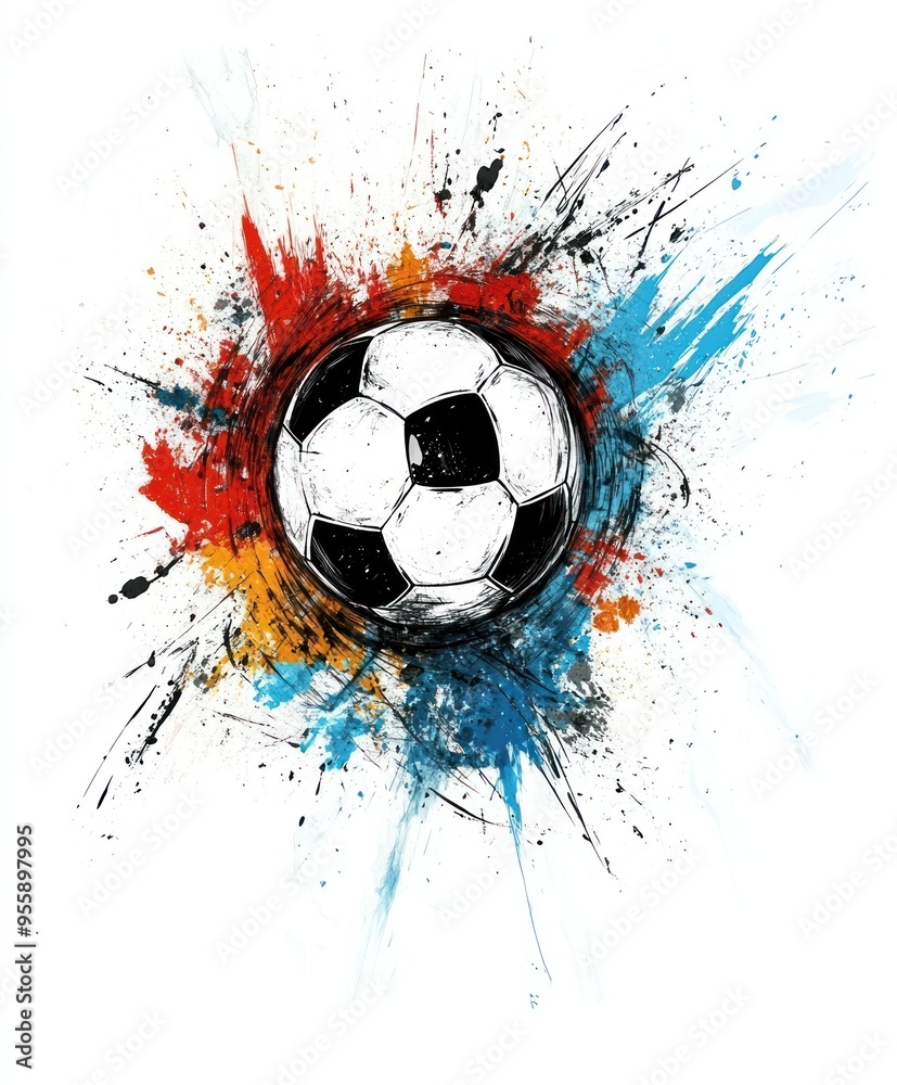 Fototapeta premium A dynamic illustration of a soccer ball surrounded by colorful splashes.