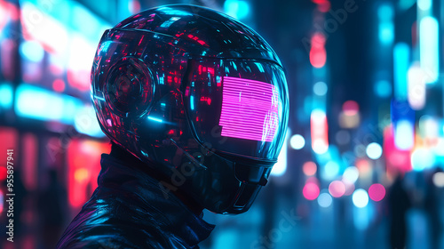 Close up of man with digital helmet in modern neon cyberpunk city of the future. ai generated image. Cyberpunk. Illustration