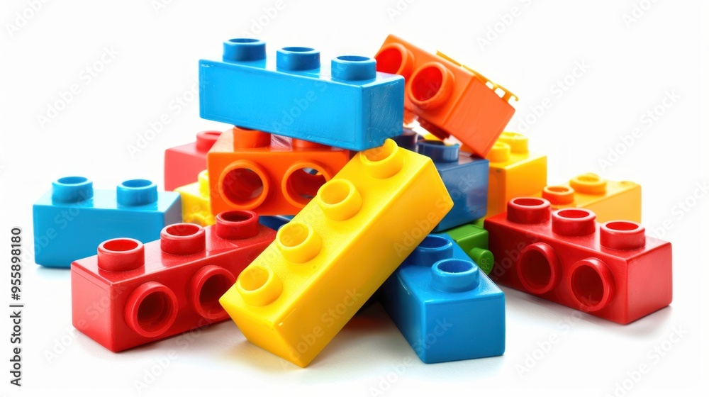 Naklejka premium Colorful plastic building blocks suitable for creative thinking for children on a white background.