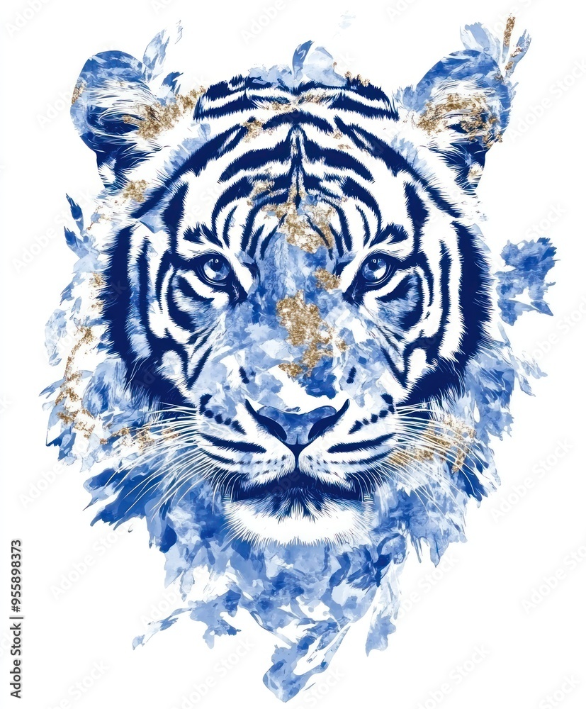 Fototapeta premium A stylized blue and gold tiger head illustration with artistic brush strokes.