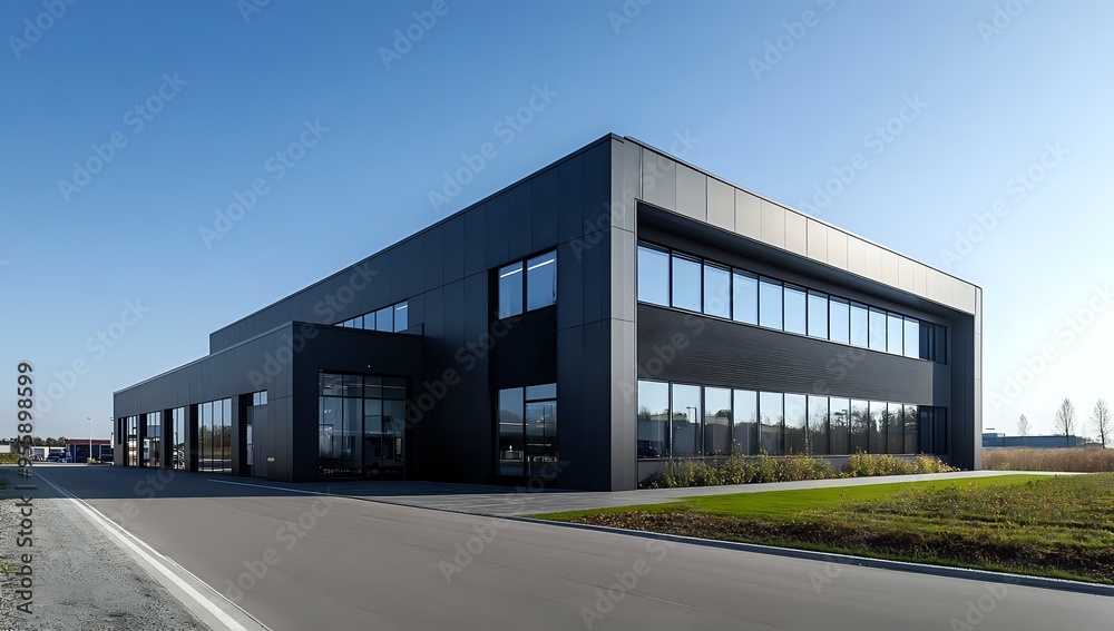 Modern Black Building with Large Windows and Green Grass Modern Black Building with Large Windows and Green Grass
