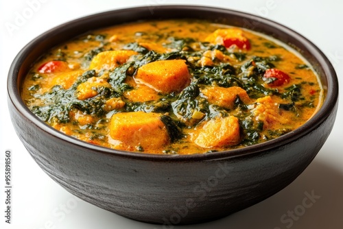 Close-up of a bowl of creamy pumpkin and spinach curry