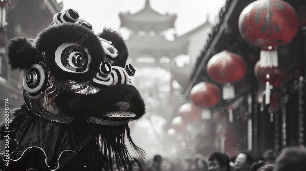 Obraz premium A fun Chinese lion dance performance on the street during the Chinese New Year festival in Chinatown. Holiday and celebration concept.