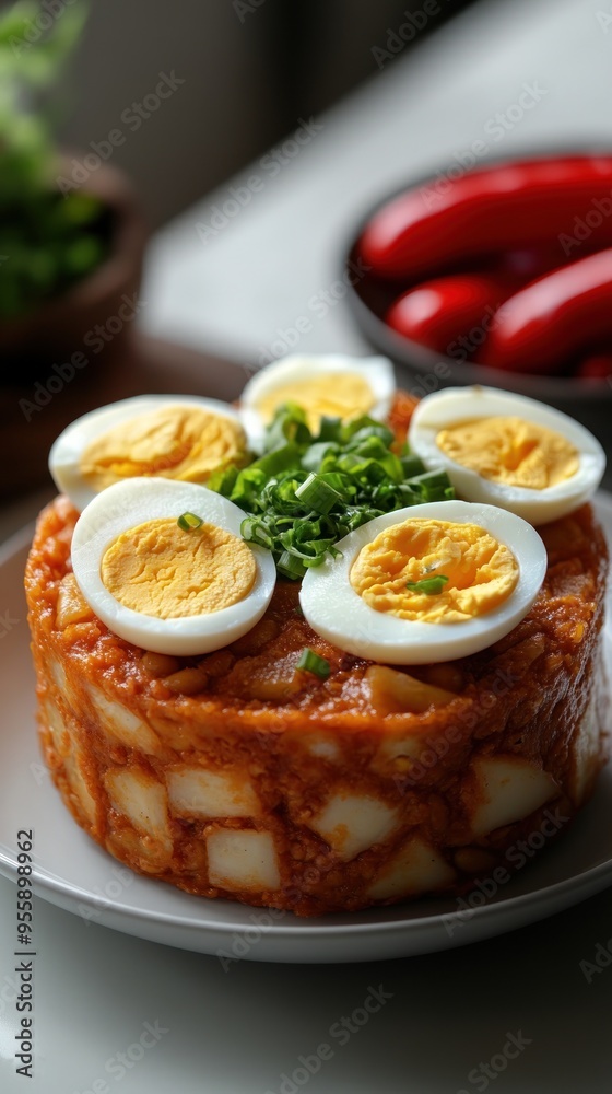 Boiled Eggs on a Bed of Spicy Potato Salad Boiled Eggs on a Bed of Spicy Potato Salad