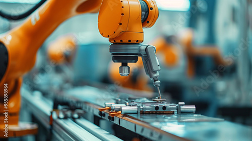 Industrial Robot Arm Assembling Components on Production Line