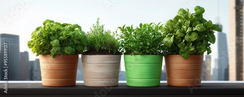 A balcony garden with organic herbs and vegetables growing in eco-friendly containers